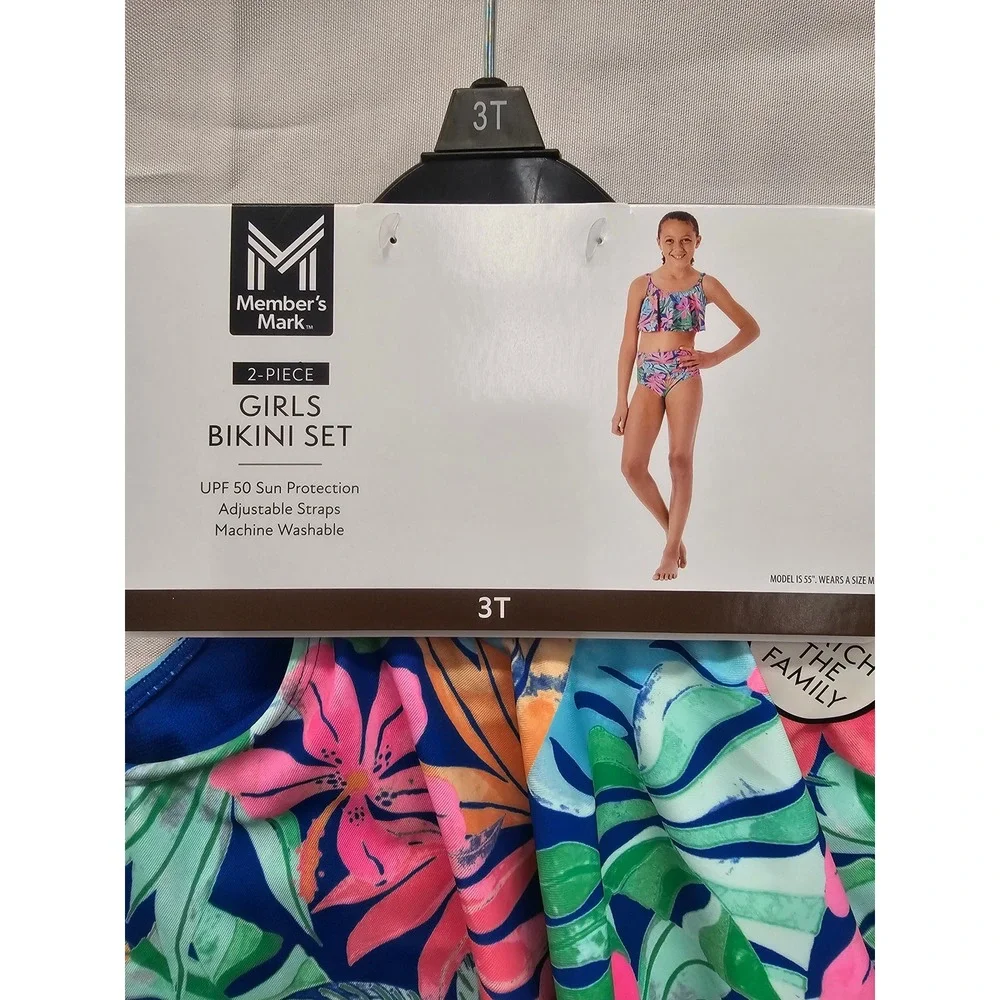 Members Mark Girls 2-Piece Bikini Set Tropical Floral Blue‎ Pink 3T DSAY251076